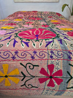 Vintage Kantha blanket with Suzani embroidery • 219*178cm • Reversible