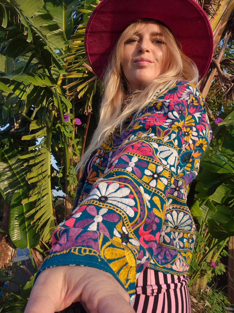 Colourful jacket • Petrol with Flowers • XS/S/M