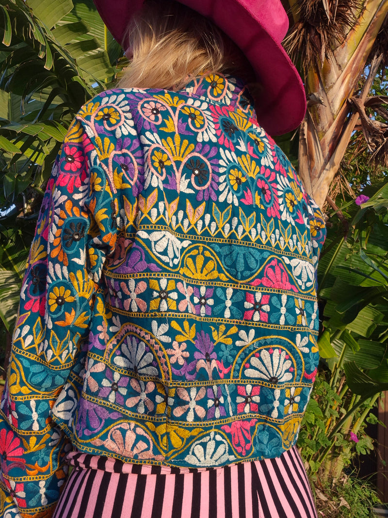 Colourful jacket • Petrol with Flowers • XS/S/M